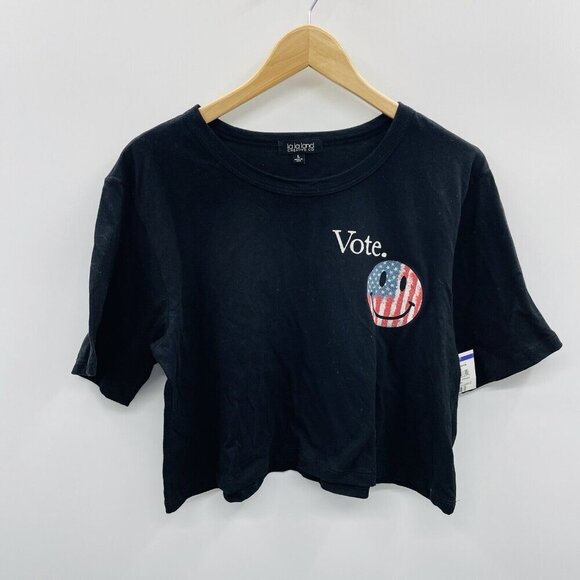 La La Land Creative Co Womens Large Vote Tshirt Crop Top Happy Face Black 2527 - Picture 3 of 8